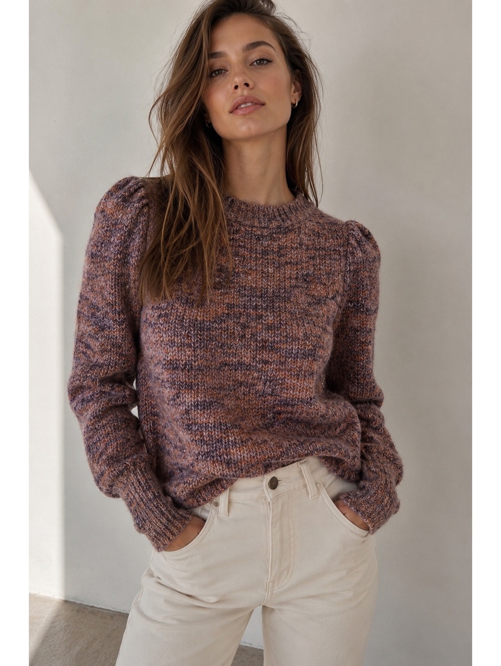 Madewell Women’s XXS Marled Puff Sleeve Wool Blend Sweater Purple Rust